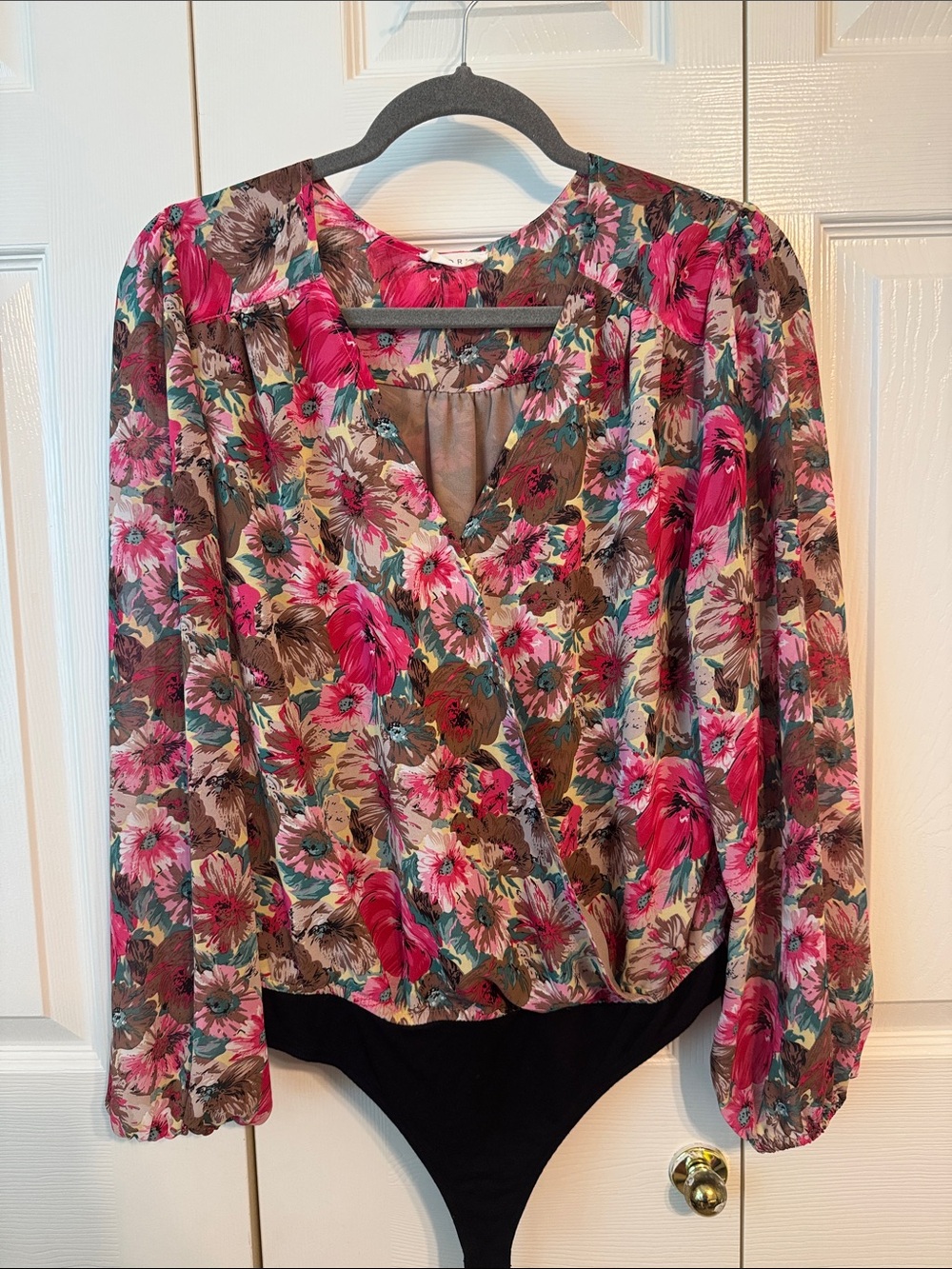 Kori | Floral Pink and Brown Wrap-Style Long Sleeve Bodysuit | M